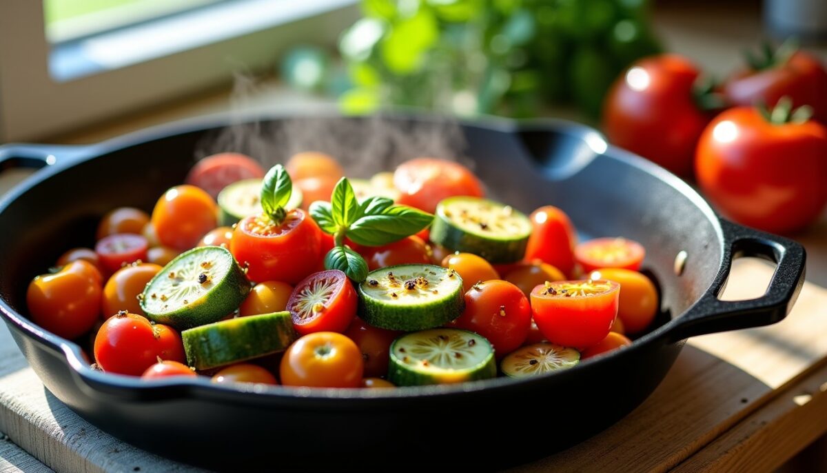 Délice express : Poêlée fondante de courgettes et tomates à l’ail en 25 minutes Délice express : Poêlée fondante de courgettes et tomates à l’ail en 25 minutes